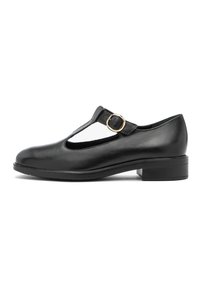 Zwarte leren Mary Jane-schoenen met een uitgesneden ontwerp, ronde neus en een lage blokhak, met een gouden gespdetail.