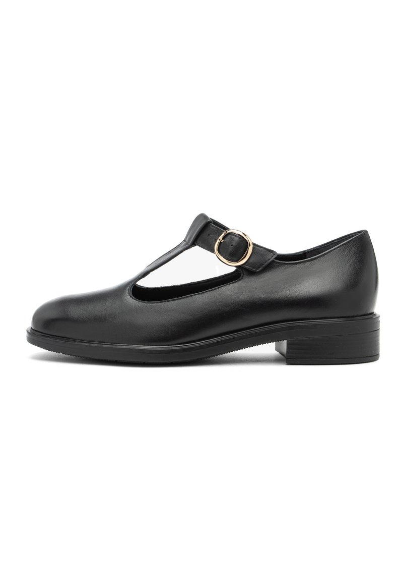 Zwarte leren Mary Jane-schoenen met een uitgesneden ontwerp, ronde neus en een lage blokhak, met een gouden gespdetail.