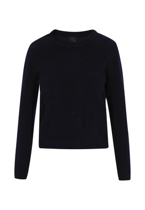 Marineblauwe wollen trui, ronde hals, lange mouwen, geribde boorden en zoom, zachte textuur, fitted ontwerp zonder zichtbare patronen of versieringen.