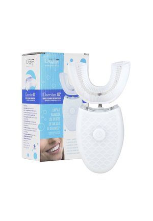 Dispositivo limpiador y blanqueador dental blanco manos libres con cepillo en forma de U junto a su caja de producto azul y blanca.