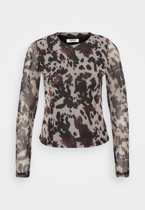 Sheer long-sleeve top featuring an abstract grey and black animal print, with burgundy accents and a rounded neckline. Soft, lightweight fabric.