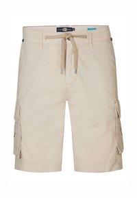 Beige cargoshorts gemaakt van lichtgewicht stof, met twee zijcargo zakken, een tailleband met trekkoord, en een gladde, gestructureerde afwerking.