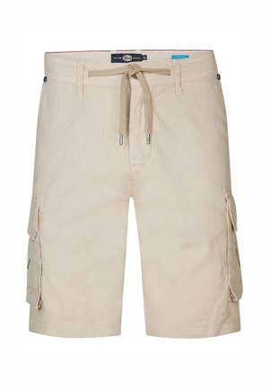 Beżowe szorty cargo wykonane z lekkiego materiału, z dwoma bocznymi kieszeniami cargo, elastycznym pasem z trokiem oraz gładkim, teksturowanym wykończeniem.