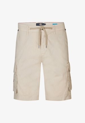 Beżowe szorty cargo wykonane z lekkiego materiału, z dwoma bocznymi kieszeniami cargo, elastycznym pasem z trokiem oraz gładkim, teksturowanym wykończeniem.