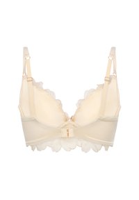 Beige BH mit verstellbaren Trägern, floraler Spitzenkante entlang der Körbchen und des Unterbands sowie einem Haken- und Ösenverschluss vorne.