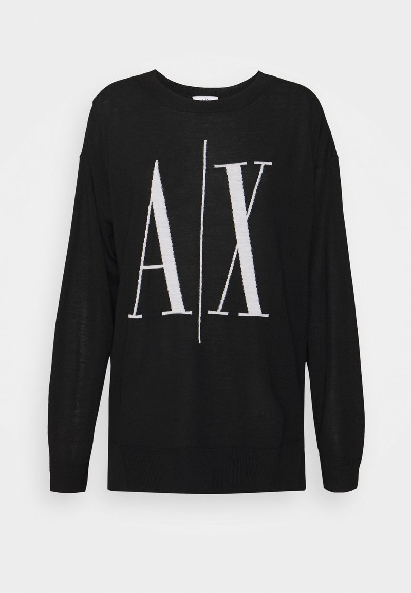 Pull noir à manches longues avec un grand logo blanc « A|X » centré sur le devant, avec un col rond et des poignets et un ourlet côtelés.
