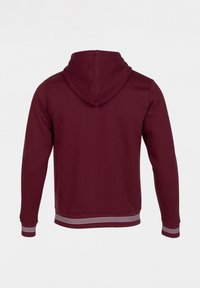Bordeaux hoodie met een trekkoordcapuchon, lange mouwen en een geribbelde zoom. Bevat witte strepen op de manchetten en de tailleband voor textuur en detail.