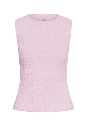 Ujjatlan világos rózsaszín felső texturált, ráncolt anyaggal, kerek nyakkivágással és enyhe fodorral az alján. A címkén a "Saint" felirat olvasható.