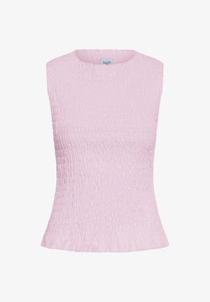 Varrukata lõhikuga heleroosa top, tekstureeritud kroogitud kangaga, ümmarguse kaelusega ja kerge volangiga ääres. Sildil on kirjas "Saint".