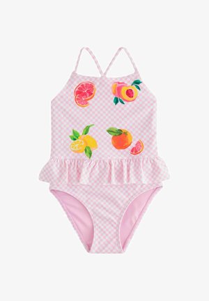 Costum de baie roz și alb în carouri pentru copii mici, cu imprimeuri de fructe, talie cu volane și bretele subțiri încrucișate.