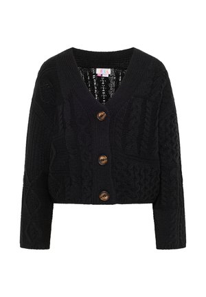 Schwarze, verkürzte Strickjacke aus strukturiertem Strickmaterial, mit V-Ausschnitt, drei braunen Knöpfen und aufwändigen Zopfmuster.