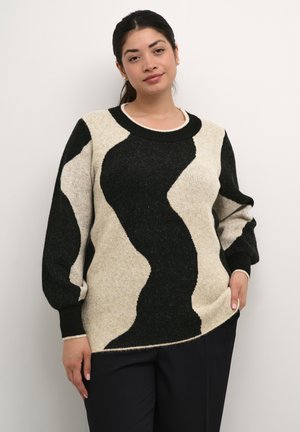 Strickpullover in Beige und Schwarz mit einem wellenförmigen Muster. Hat lange Ärmel, gerippte Bündchen und einen runden Ausschnitt. Weiche Textur, lockere Passform.