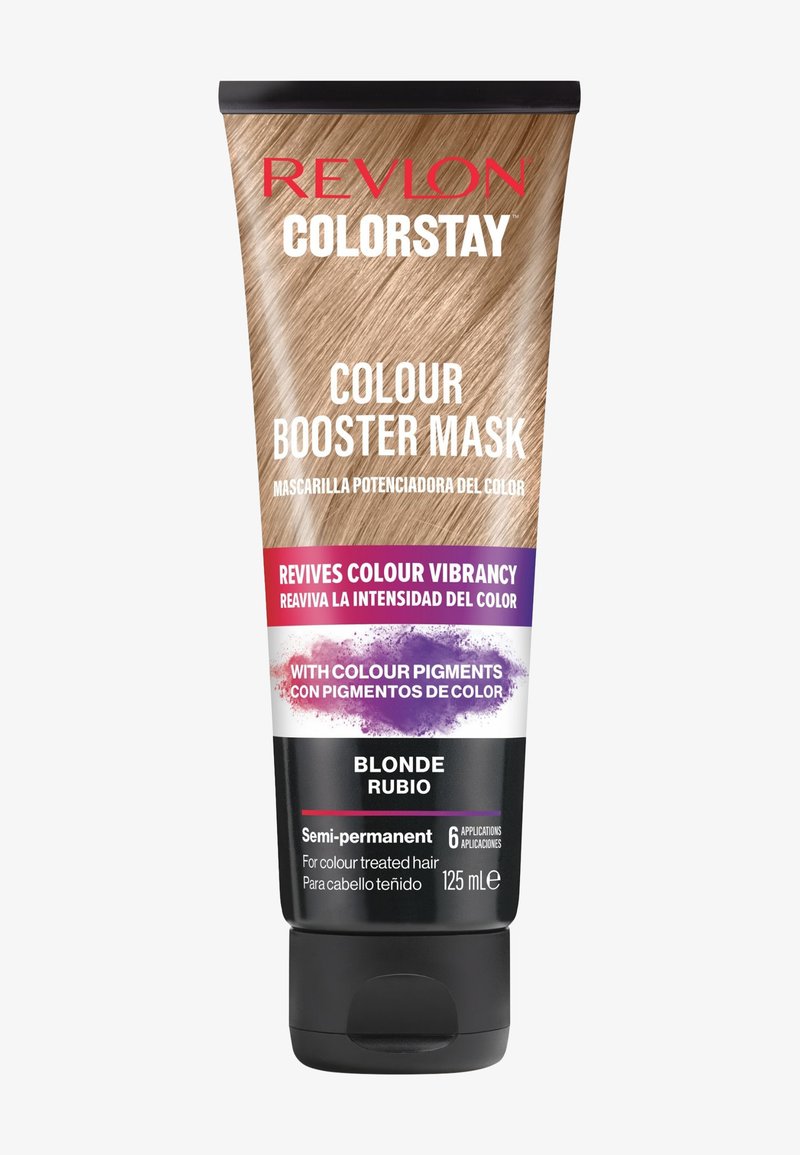 Revlon Colorstay Colour Booster Mask, 125 ml tube, met een zwarte basis en glanzende afwerking, benadrukt de 'blonde' kleur voor behandeld haar, met levendige graphics.