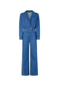Denim kombinezon z dolgimi rokavi, s strmim ovratnikom, z pasom, širokimi hlačami in svetlo modro barvo. Ima kontrastne šive.
