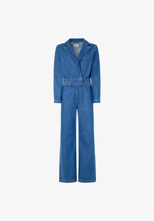 Tutina in denim con maniche lunghe, colletto a punta, vita con cintura, pantaloni a gamba larga e colore azzurro chiaro. Presenta costole a contrasto.