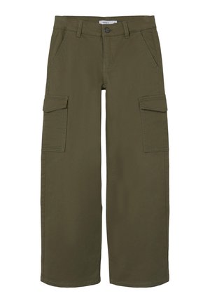 Pantalons cargo vert olive avec une coupe droite, présentant deux poches latérales et deux poches utilitaires. Fabriqués en coton durable.