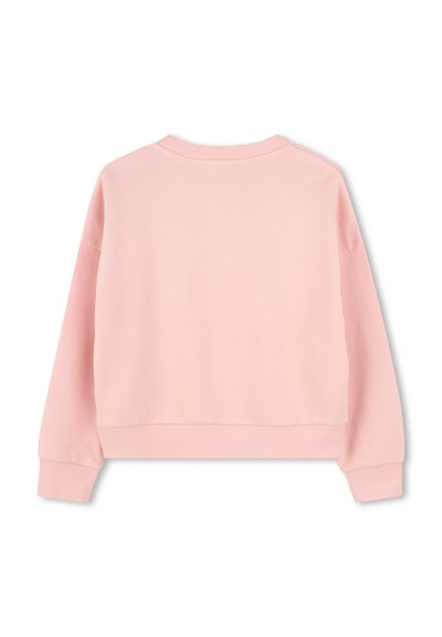 Sweat-shirt long à manches longues de couleur rose clair avec des poignets et un ourlet côtelés, présentant une texture douce et un col rond. La vue arrière montre une surface lisse et uniforme.