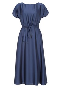 Navy sinivuoren satiinimekko, jossa on löysä istuvuus, lyhyet puffihihat, kuminauha vyötäröllä ja samasta kankaasta tehdyt sidontanauhat. Laaja helma, jossa on hienovarainen kiilto.