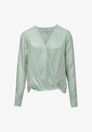 Blouse manches longues vert clair avec décolleté en V et devant portefeuille, légèrement froncée à la taille, taille petite, marque Salsa Jeans.