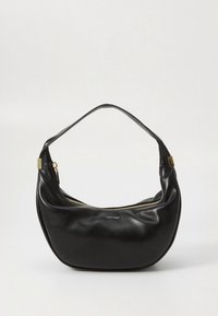 Musta nahkainen hobo-laukku pyöreällä muodolla, kultaisella vetoketjusululla ja yhdellä kahvalla. Hienovarainen logo edessä. Sileä pinta.