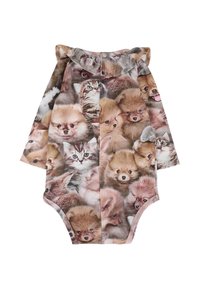 Body a maniche lunghe con una stampa fotorealistica di vari piccoli animali, prevalentemente in morbidi toni di marrone e grigio, con una consistenza accogliente.