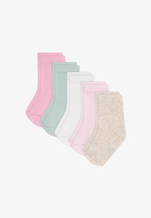 Ensemble de six chaussettes aux couleurs pastel : rose, vert menthe, blanc et beige. Texture côtelée avec des motifs unis et mouchetés variés.