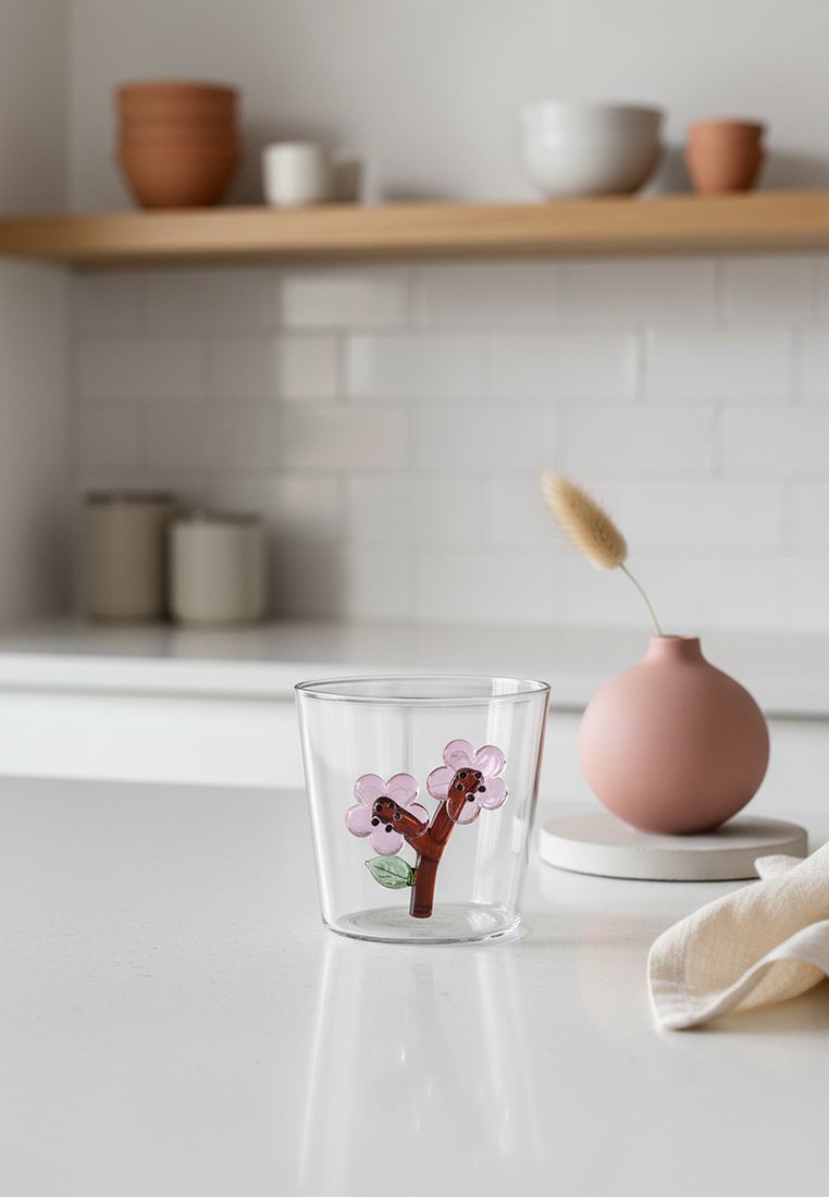Przezroczysty szklany kubek na białej powierzchni z dwoma różowymi ozdobami w kształcie kwiatów w środku, obok okrągłego różowego wazonu z suchą trawą.