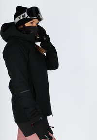 Black ski jacket with a high collar, equipped with a hood. Features include gloves, a ski mask, and a goggle strap with a patterned accent.
