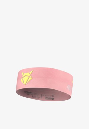 Pink elastic headband featuring a geometric yellow logo and text on the side, with a smooth texture and a wide design.