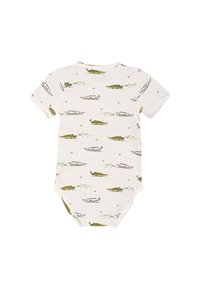 Kortärmad babydress i mjukt tyg, med en ljuskrämfärgad bakgrund och mönster av gröna och blå krokodiler.