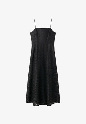 Rochie midi neagră fără mâneci, cu bretele subțiri spaghetti și suprapunere subtilă din dantelă florală.