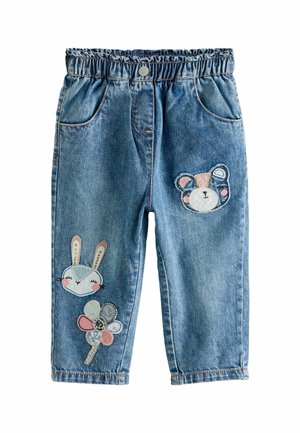 Pantalon en jean bleu pour enfants avec taille élastique, présentant un lapin brodé, des visages d'ours et une fleur colorée sur les jambes.