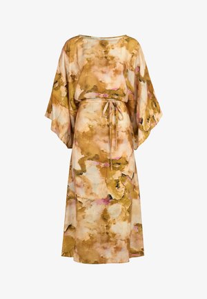 Zwiewna sukienka midi z szerokimi rękawami, abstrakcyjnym wzorem w stylu akwareli w kolorach beżowym, brązowym i różowym oraz pasującym materiałowym paskiem w talii.