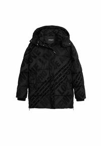 Manteau matelassé noir avec capuche, fermeture éclair à l'avant et manches longues. Il présente un design texturé avec un motif textuel "LOVE" en évidence.