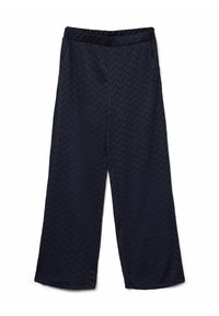 Merkkikuvioiset laivastonsiniset leveälahkeiset housut, joissa on joustavyötärö ja kevyttä kangasta, avara ja lentävä muotoilu.