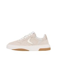 Beige sneaker with a textured knit upper, suede accents, and a white rubber sole. Features white laces and a gum outsole.