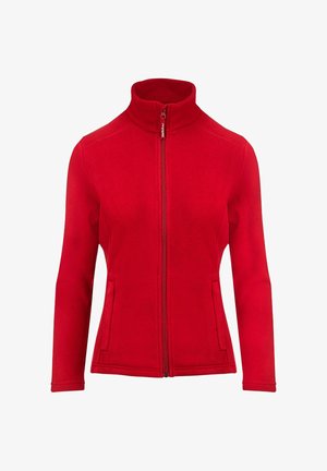 Giacca in pile rossa con colletto alto, chiusura con zip e due tasche laterali. Texture liscia con un design aderente e maniche lunghe.