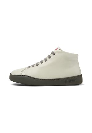 White leather high-top sneaker with gray laces, rubber sole, and contrasting stitching. Features a small red logo on the tongue.