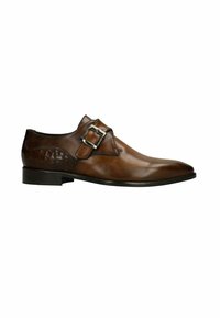 Brown leather dress shoe with a sleek design, featuring a croc-embossed accent and a metal buckle. Low heel, smooth texture, refined shape.