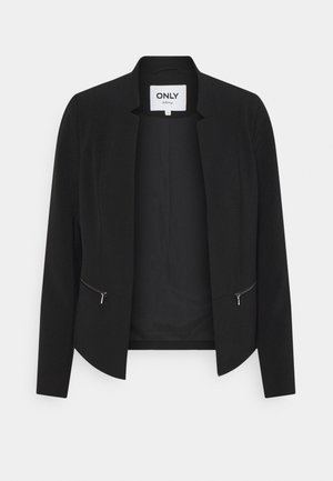 Blazer noir à design sans col, avec deux poches zippées et une texture lisse. L'intérieur est non doublé, sans fermetures visibles.