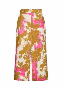 Pantalon à jambes larges et taille haute, avec un motif floral marron sur fond crème et des accents rose vif.
