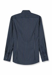 Langärmeliges Hemd in Marineblau mit blauen und roten vertikalen Streifen. Verfügt über einen klassischen Kragen, Knopfmanschetten und einen abgerundeten Saum für eine maßgeschneiderte Passform.