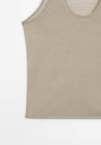 Débardeur beige sans manches avec encolure ronde et ourlet côtelé, présenté sur fond blanc.
