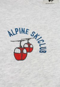 Grijze sweatshirt met rode en witte geborduurde skigondels en blauwe tekst met de opdruk "ALPINE SKICLUB." Zachte textuur, casual ontwerp.