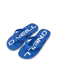 Blue flip-flops with a textured rubber sole and blue straps, featuring a prominent white "O'Neill" logo and PVC-free label.