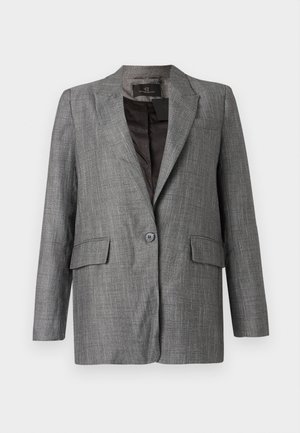 Šedé sako se vzorem rybí kosti s výstřihem s klopami, zapínáním na jeden knoflík, dvěma předními kapsami a hladkou podšívkou.