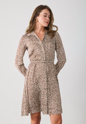 Brown and beige leopard print dress with long sleeves, collar, button-down front, and belted waist. Lightweight fabric with a flowy skirt.