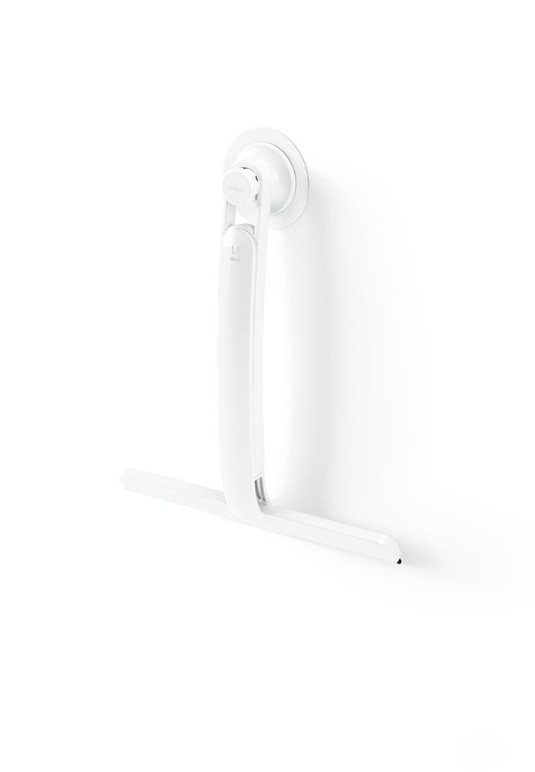 Weißer wandmontierter Wischer mit runder Montagebasis. Verfügt über einen langen Griff und eine gerade Kante, um Oberflächen effizient zu reinigen.