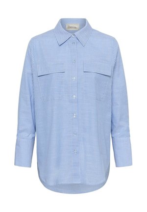 Hellblaues, langärmliges Hemd mit weißen vertikalen Streifen und zwei Brusttaschen mit Klappen.