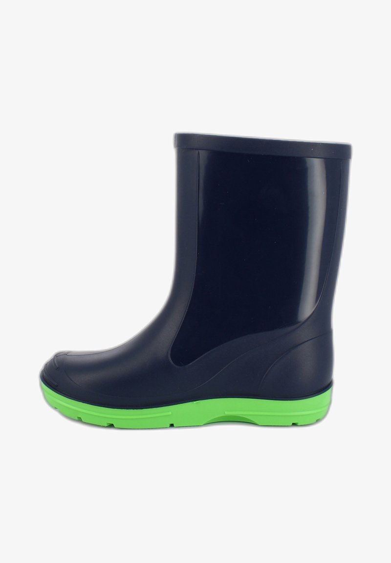 Botte en caoutchouc navy avec une surface lisse, semelle verte et bout rond. Design court avec un talon plat et des accents minimaux.
